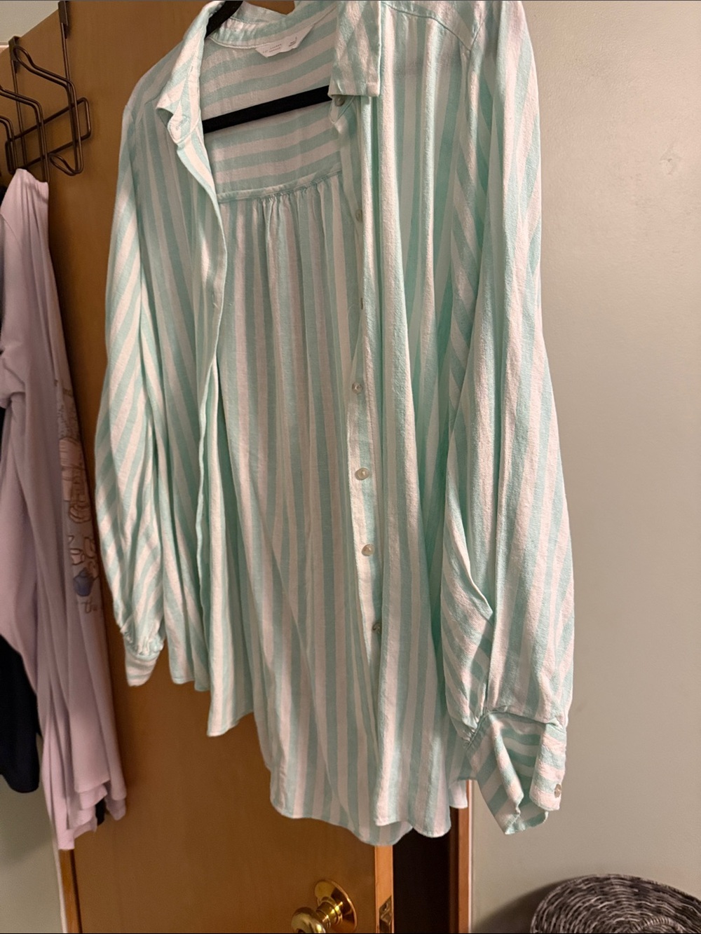 LC Lauren Conrad Mint and White Vertical Stripe Button-Down Blouse